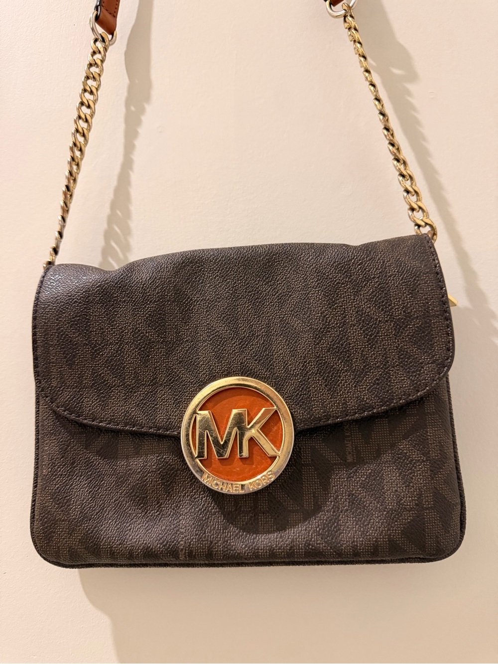 Michael Kors Dark Brown Logo Crossbody with Gold MK Emblem